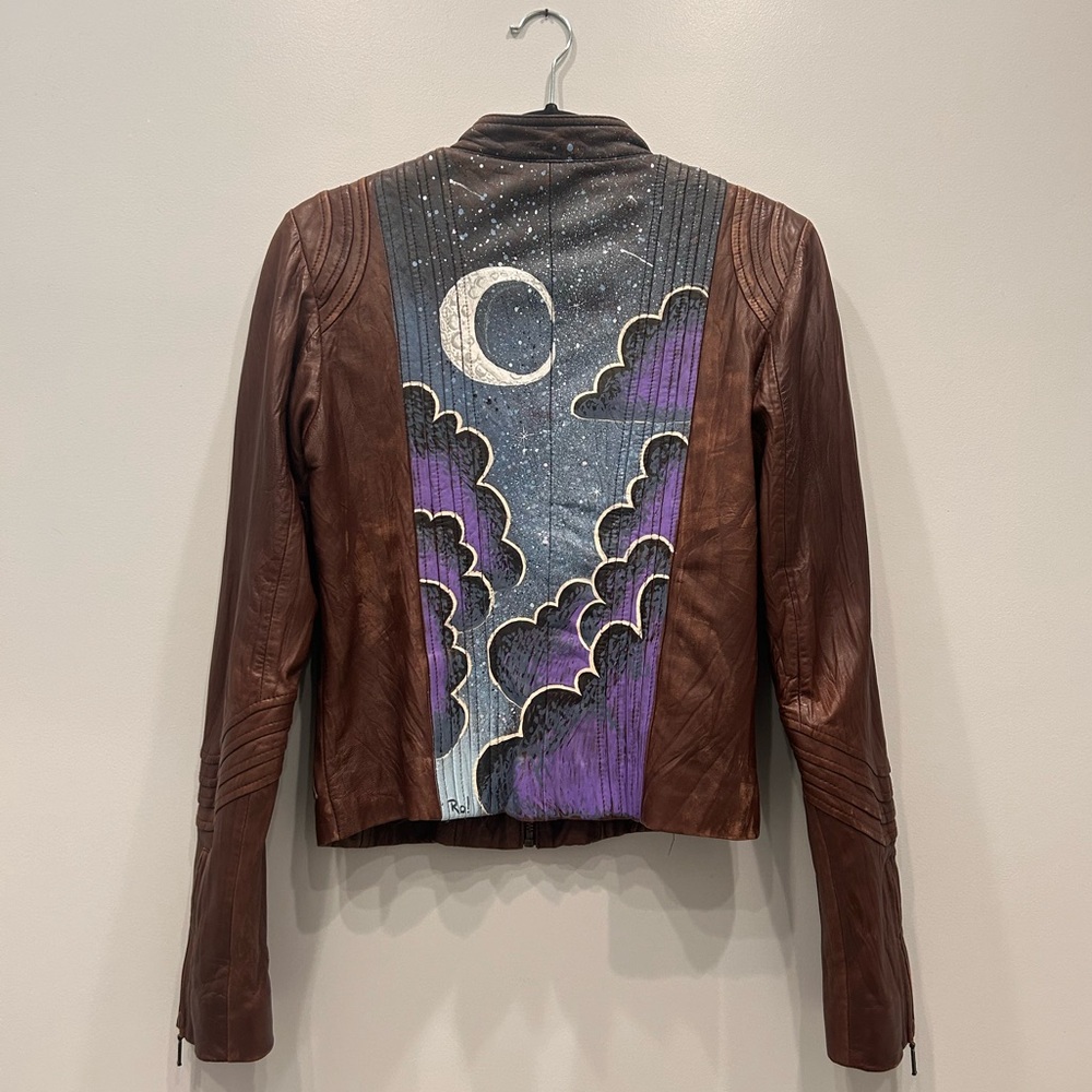 ABS by Allen Schwartz Vintage Brown Leather Jacket with hand painted details